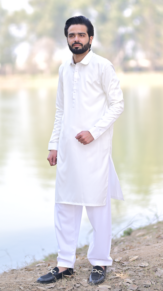 Premium Stitched Suit - Pure White Collar