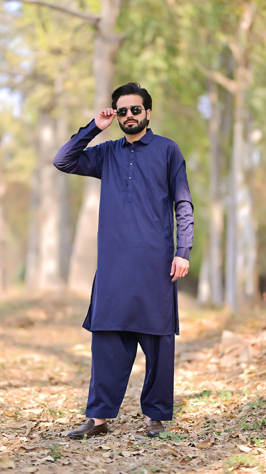 Premium Stitched Suit - Navy Blue Collar